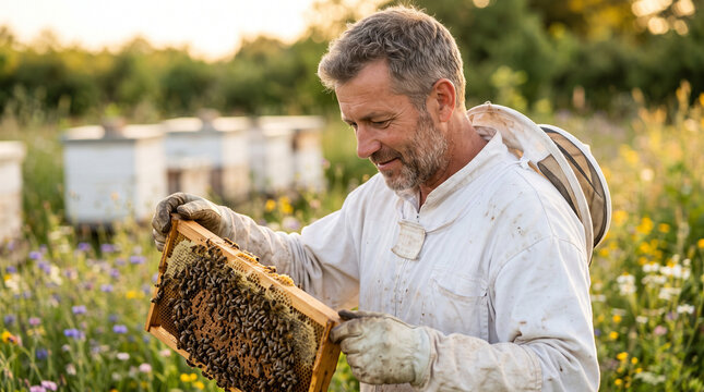 Mature beekeeper inspecting honeycomb frame covered with bees in blooming meadow apiary during golden hour sunset light