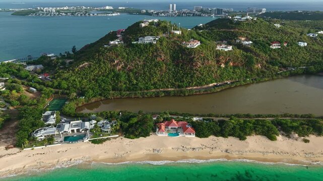 St. Martin Island, Drone Shot of Buildings by Caribbean Sea, Hills and Villas by Simpson Bay Lagoon