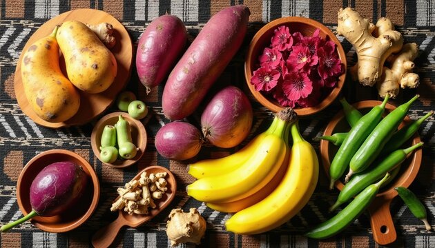 Assortment of fresh West African root vegetables fruits arranged on traditional mud cloth textile background. Top view shows yams cassava plantains sweet potatoes okra ginger hibiscus flowers