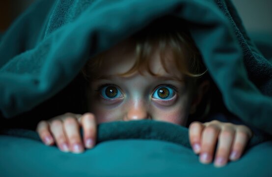 Little child peeks from under blanket with wide scared eyes. Fearful kid hides in dark room at night feeling anxious. Toddler has bedtime nightmare.