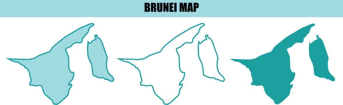 Set of brunei map illustrations featuring solid silhouettes and thin outline design styles.