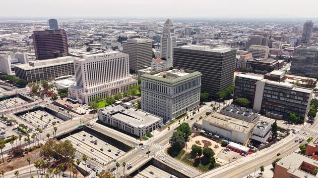 Drone Shot of Los Angeles City Hall, Courts and Government Buildings, Traffic on Santa Ana Freeway, California USA