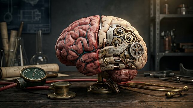 Steampunk brain anatomy mechanical neural network and cognitive function illustration