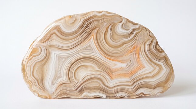 A beautiful polished slice of natural banded agate stone with beige and brown swirls.