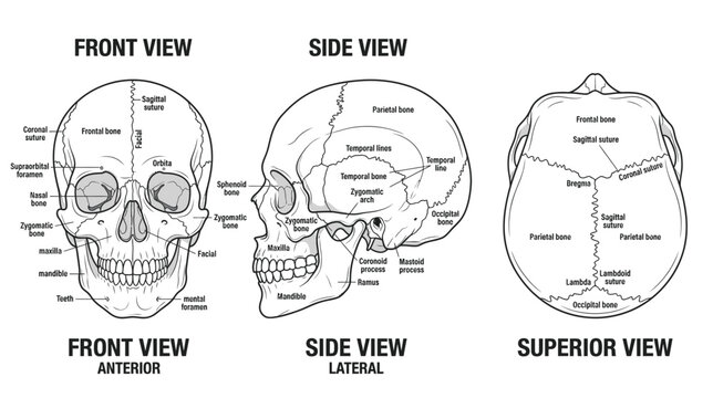 Human Skull Anatomy Diagrams: Front, Side, and Top Views with Labels