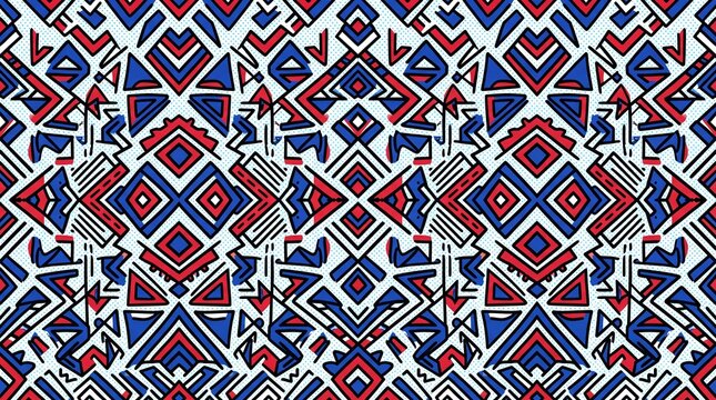 Tribal Geometric Pattern Background in Red and Blue Colors for Textile Print and Modern Design