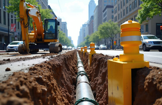 Yellow excavator digs deep trench on city street for utility repair work. Metal pipes lie inside ground ditch during urban road construction project. Heavy machinery sits near asphalt lane traffic
