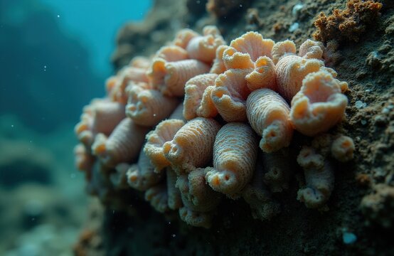 Marine invasive species Rapana venosa gastropod mollusc attached to underwater rock. Cluster of exotic sea snails feed on seabed. Biological hazard for ecosystem diversity. Underwater wildlife fauna