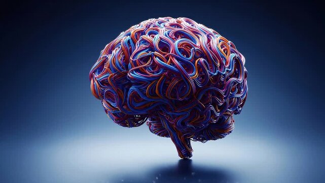 Abstract human brain made of interconnected colorful glowing wires