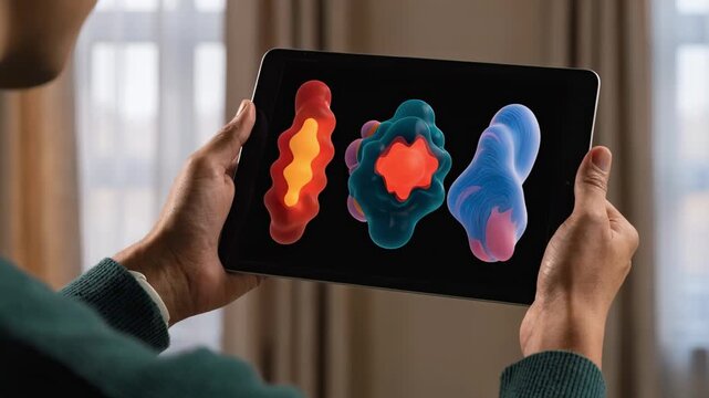 Tablet screen with marketplace health insurance plan options vividly clear hand gestures guiding differences while room environment remains blurred.