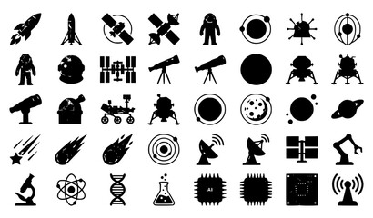 Space and technology flat icon set with rockets satellites telescopes scientific instruments and astronomy symbols isolated on white background © Md