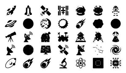 Modern astronomy and technology flat icon collection with rockets satellites planets scientific instruments and innovation symbols isolated on white background © Md