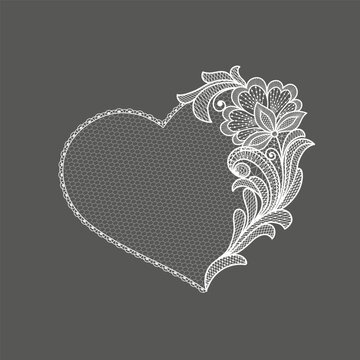 Heart with lace flowers. Hand made vector lace decorative element for invitation, Valentines day cart