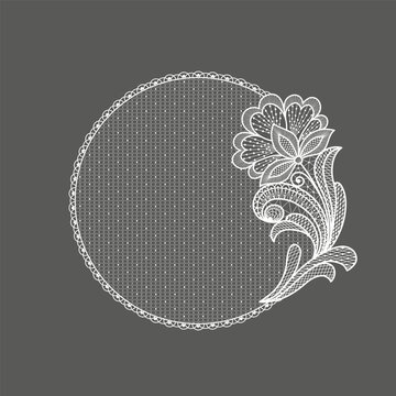 Lace decoration element.White lace flowers roud frame tamplate..Vector handmade white lace branches with flowers.