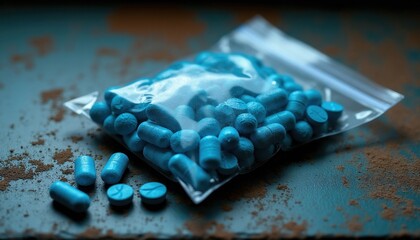 Fototapeta premium Small blue pills are in plastic baggie on dirty counter. Some pills are scattered on surface near bag. The scene suggests illicit drug use or distribution.