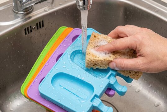 Hand using a soapy sponge to wash a blue silicone popsicle mold under running water
