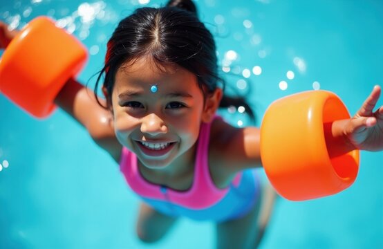Little girl smiles in blue water pool wearing orange arm floaties for safety. Cute young child enjoys summer vacation activity splashing outdoors. Happy kid learns swimming skills during holiday