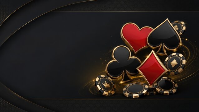 Luxury Casino Playing Card Suits with Poker Chips on Black Background