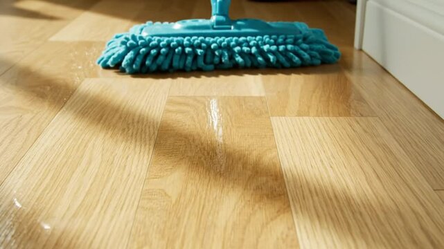 Close up shot of a teal mop with a microfiber cleaning head sitting on a wet wooden floor near a white door