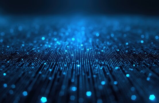 Abstract blue digital particles stream. Futuristic glowing grid lines create data flow effect on dark background. Technology network or cyberspace concept.