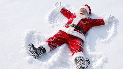 Fototapeta premium Happy Santa Claus Making Snow Angel in Fresh Winter Snow