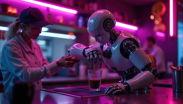 Robot barista prepares cold brew coffee in a neon lit cafe. Human staff receives drink. Futuristic automation in food service industry. Nighttime urban scene with purple lighting.