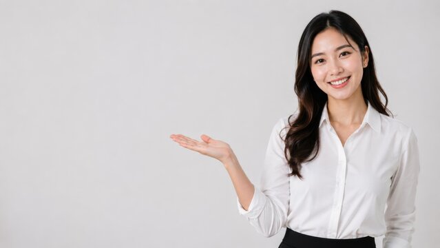 Smiling Young Asian Businesswoman Presenting Empty Copy Space on Light Gray Background