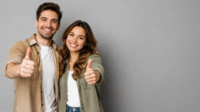 Happy Young Couple Showing Thumbs Up Gesture Against Gray Studio Background
