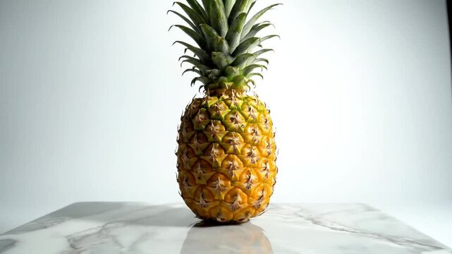 Ripe pineapple fruit standing on a marble surface with a bright white background, studio shot