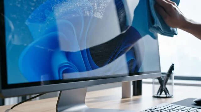 Hand wiping a dirty computer monitor screen with a microfiber cloth to clean office workspace environment