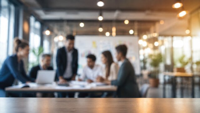 Blurred Business Team Meeting in Modern Office with Empty Wooden Table Foreground