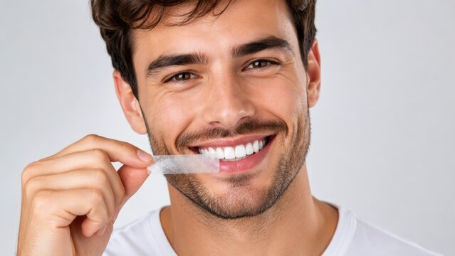 Young Man Applying Whitening Strip to Teeth and Smiling