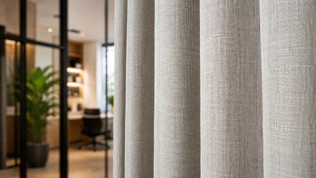 Modern Linen Sheer Curtain Fabric Texture Close Up in Contemporary Interior Design