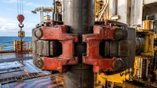 Offshore drilling pipe elevator clamp gripping drill pipe on oil platform deck during oil and gas operations