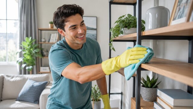 Smiling young man cleaning wooden shelves with microfiber cloth during modern home housekeeping