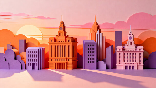 Papercraft city skyline at sunset, 2D flat layers with 3D shadows, charming and illustrative concept background 
