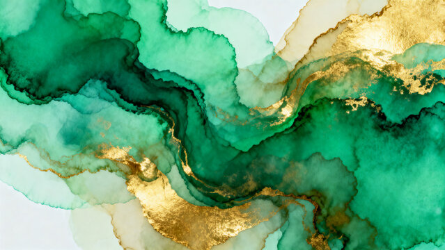 Vibrant alcohol ink art background, spreading watercolor textures in emerald green and bright brass, soft dreamy edges