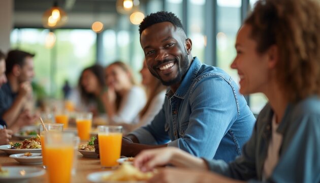 Happy coworkers eat lunch in office cafeteria. Smiling colleagues talk dining at canteen table. Multiethnic business team members enjoy food, drinks during break time. Professional staff socialize