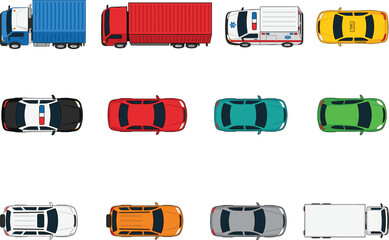 Top view of different vehicles icon set including cargo trucks ambulance taxi and sedan cars © IconicCreations