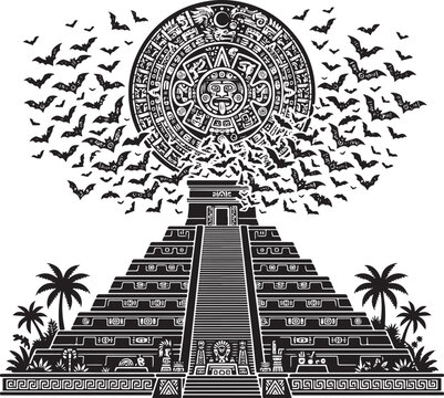 Gothic Mayan Pyramid with Swarming Bats and Aztec Sun Calendar Vector Illustration