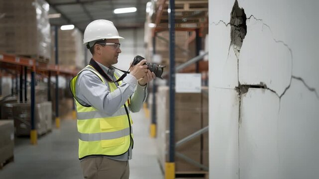 Medium shot showing a commercial warehouse inspector capturing images of structural damage with shelving and goods out of focus behind them.