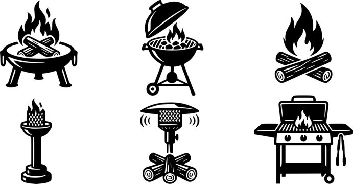 Fire Pit and Barbecue Grill Icon Set Featuring Outdoor Bonfire Bowl, Charcoal BBQ, Camping Flame, Patio Heater and Backyard Cooking Symbols
