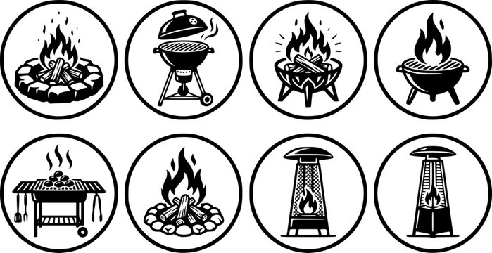 Fire Pit and Barbecue Grill Icon Set Featuring Outdoor Bonfire Bowl, Charcoal BBQ, Camping Flame, Patio Heater and Backyard Cooking Symbols