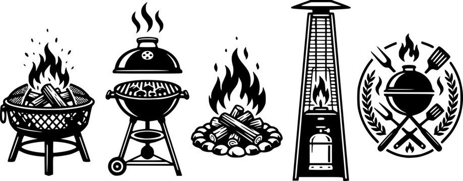 Fire Pit and Barbecue Grill Icon Set Featuring Outdoor Bonfire Bowl, Charcoal BBQ, Camping Flame, Patio Heater and Backyard Cooking Symbols