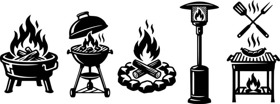 Fire Pit and Barbecue Grill Icon Set Featuring Outdoor Bonfire Bowl, Charcoal BBQ, Camping Flame, Patio Heater and Backyard Cooking Symbols
