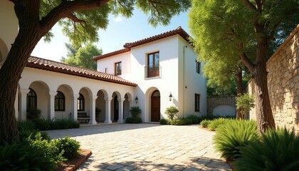 Naklejka premium White mediterranean villa with stone courtyard features arch architecture. Green trees provide shade in sunny garden area. Classic house exterior shows elegant design. Property paved path near