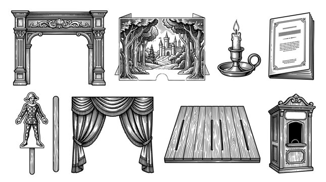 Vintage Puppet Theater Elements Vector Illustration Set, Engraved Style Icons for Miniature Stage, Puppet, Backdrop, and Theater Accessories