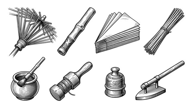 Collection of Vintage Household and Craft Tools in Engraving Style