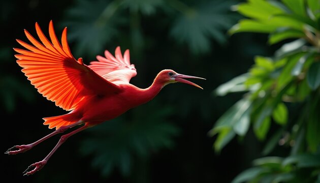 Vibrant scarlet ibis bird flies with wings wide open against blurry green foliage. Tropical avian creature moves through air with sharp beak open. Bright red plumage shines in sunlight as wild animal