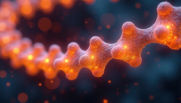 3D illustration shows a glowing orange molecular chain structure with illuminated particles. Abstract science background depicts organic matter or atomic bonds in motion, with a dark backdrop.